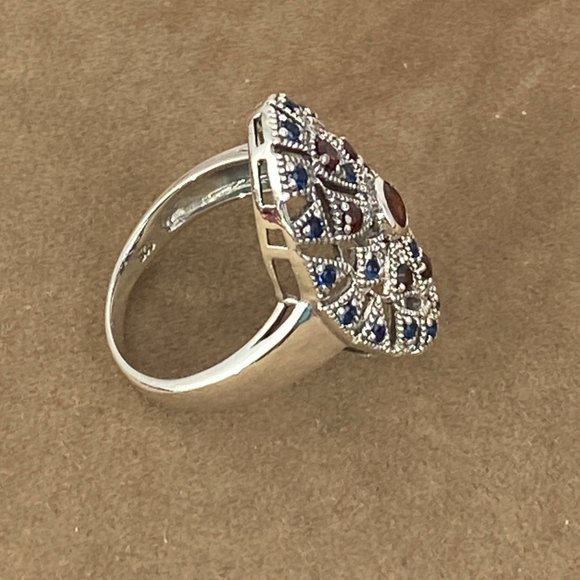 Stunning Art Nouveau Garnet and Blue Sapphire Cocktail Ring Size 7 - Picture 6 of 7